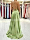 A-line Square Neckline Silk-like Satin Sweep Train Prom Dresses With Split Front #Favs020114929