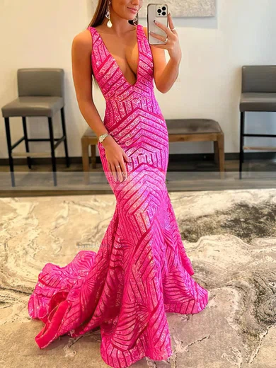 Trumpet/Mermaid V-neck Sequined Sweep Train Prom Dresses #Favs020114931