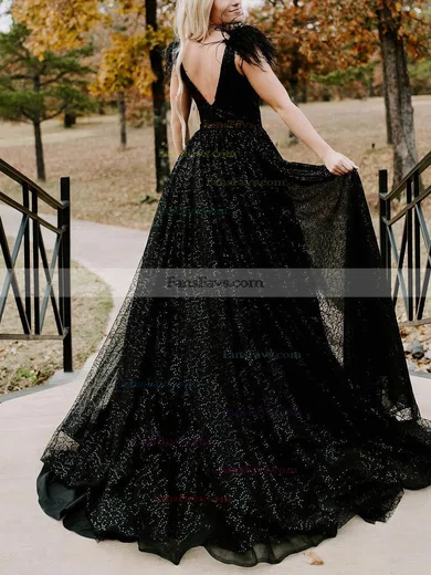 Ball Gown V-neck Glitter Sweep Train Prom Dresses With Feathers / Fur #Favs020114934
