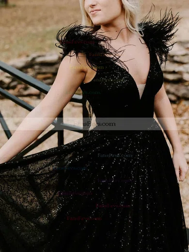 Ball Gown V-neck Glitter Sweep Train Prom Dresses With Feathers / Fur #Favs020114934