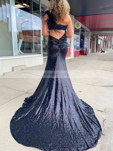 Sheath/Column One Shoulder Sequined Sweep Train Prom Dresses With Feathers / Fur #Favs020114941