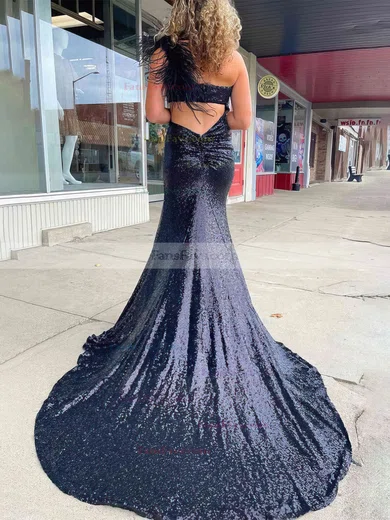 Sheath/Column One Shoulder Sequined Sweep Train Prom Dresses With Feathers / Fur #Favs020114941