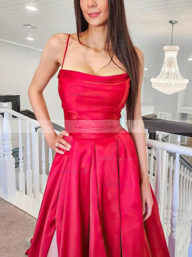 A-line Square Neckline Silk-like Satin Sweep Train Prom Dresses With Split Front #Favs020114944