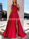 A-line One Shoulder Satin Sequined Sweep Train Prom Dresses With Split Front #Favs020114947