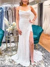 Sheath/Column Square Neckline Sequined Sweep Train Prom Dresses With Split Front #Favs020114956
