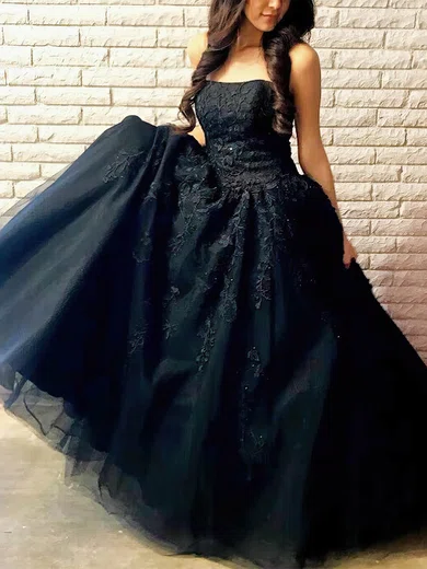 A-line Strapless Tulle Sweep Train Prom Dresses With Beading #Favs020114974