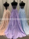 A-line Scoop Neck Tulle Sweep Train Prom Dresses With Appliques Lace #Favs020114975