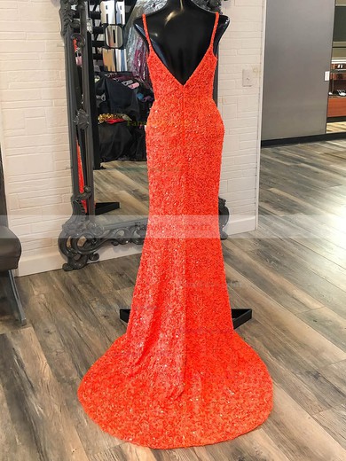 Sheath/Column V-neck Sequined Sweep Train Prom Dresses With Split Front #Favs020115006