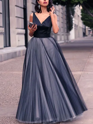 Princess V-neck Satin Tulle Floor-length Pleats Prom Dresses #Favs020102454