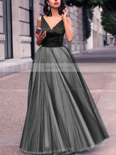 Princess V-neck Satin Tulle Floor-length Pleats Prom Dresses #Favs020102454