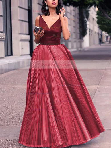Princess V-neck Satin Tulle Floor-length Pleats Prom Dresses #Favs020102454