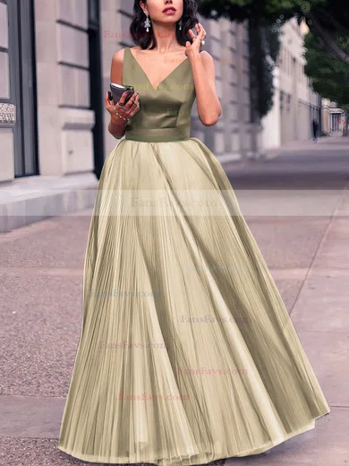 Princess V-neck Satin Tulle Floor-length Pleats Prom Dresses #Favs020102454
