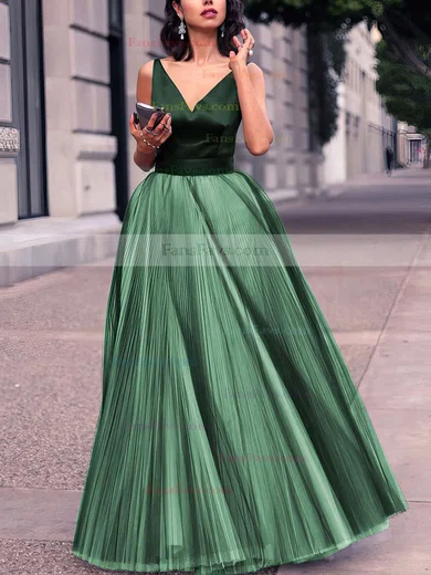 Princess V-neck Satin Tulle Floor-length Pleats Prom Dresses #Favs020102454