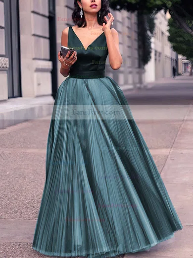Princess V-neck Satin Tulle Floor-length Pleats Prom Dresses #Favs020102454