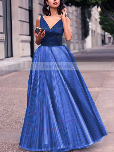 Princess V-neck Satin Tulle Floor-length Pleats Prom Dresses #Favs020102454