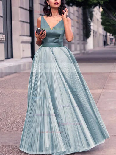 Princess V-neck Satin Tulle Floor-length Pleats Prom Dresses #Favs020102454