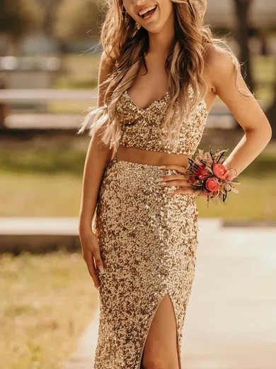 Sheath/Column V-neck Sequined Sweep Train Prom Dresses With Split Front #Favs020115032