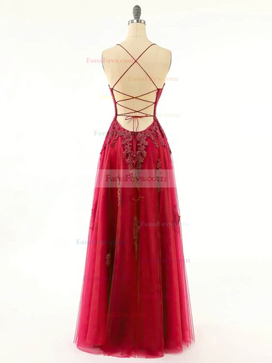 A-line Scoop Neck Tulle Floor-length Prom Dresses With Appliques Lace #Favs020115039