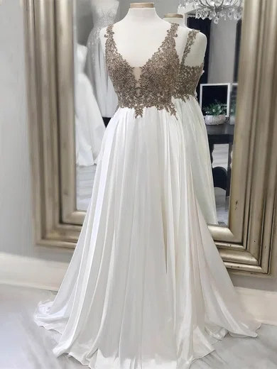 A-line V-neck Silk-like Satin Sweep Train Prom Dresses With Appliques Lace #Favs020115045