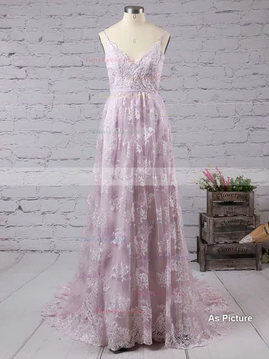 A-line V-neck Lace Court Train Lace Prom Dresses #Favs020102459