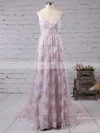 A-line V-neck Lace Court Train Lace Prom Dresses #Favs020102459
