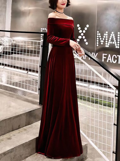 A-line Off-the-shoulder Velvet Floor-length Prom Dresses #Favs020115073
