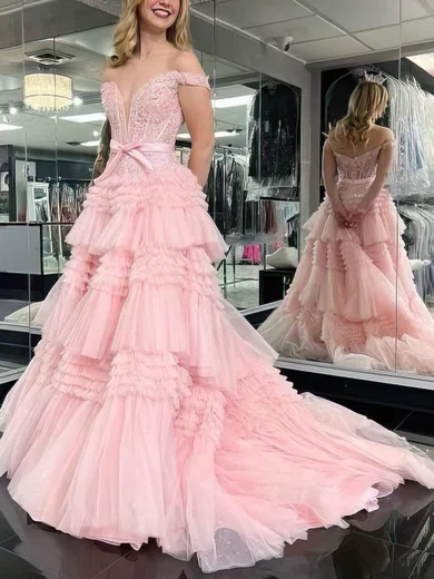Princess Off-the-shoulder Tulle Sweep Train Prom Dresses With Tiered #Favs020115104