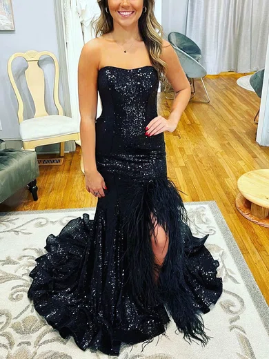 Sheath/Column Strapless Sequined Sweep Train Prom Dresses With Feathers / Fur #Favs020115124