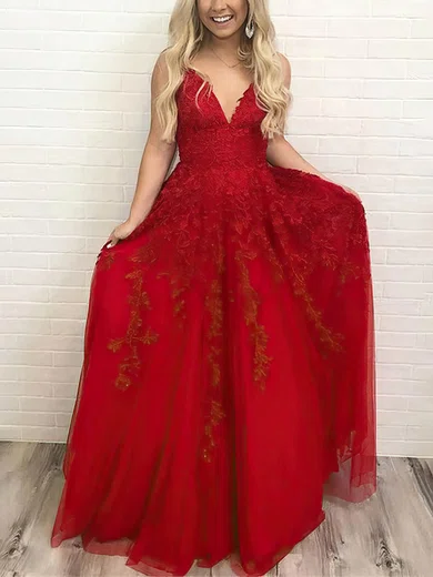 A-line V-neck Tulle Floor-length Prom Dresses With Appliques Lace #Favs020115147