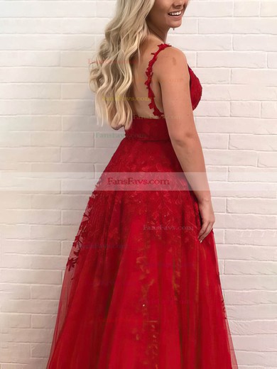 A-line V-neck Tulle Floor-length Prom Dresses With Appliques Lace #Favs020115147