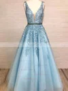 Ball Gown V-neck Tulle Floor-length Prom Dresses With Appliques Lace #Favs020115148