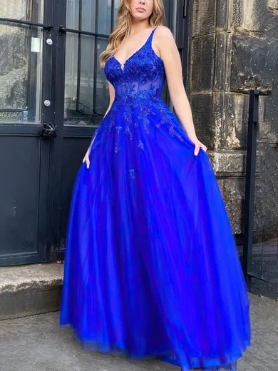 A-line V-neck Tulle Glitter Floor-length Prom Dresses With Beading #Favs020115154