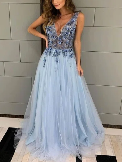 A-line V-neck Tulle Sweep Train Prom Dresses With Appliques Lace #Favs020115256