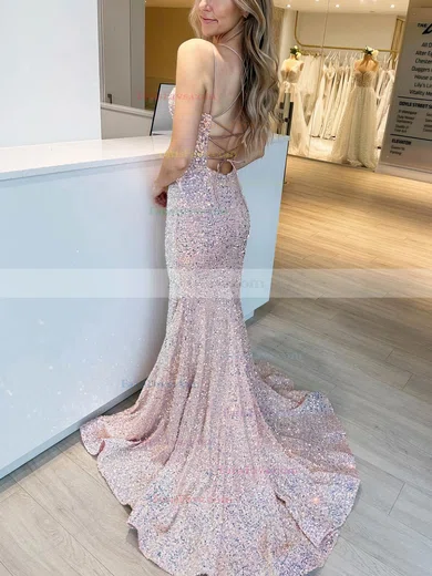Trumpet/Mermaid V-neck Sequined Sweep Train Prom Dresses #Favs020115274