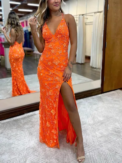 Sheath/Column V-neck Tulle Sweep Train Prom Dresses With Split Front #Favs020115299