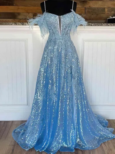 A-line Off-the-shoulder Sequined Sweep Train Prom Dresses With Feathers / Fur #Favs020115305