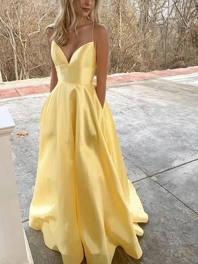 A-line V-neck Satin Sweep Train Prom Dresses With Pockets #Favs020115313