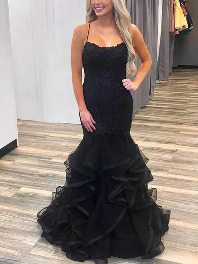 Trumpet/Mermaid Scoop Neck Tulle Sweep Train Prom Dresses With Appliques Lace #Favs020115320