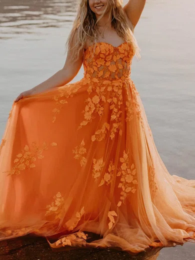 A-line Sweetheart Tulle Sweep Train Prom Dresses With Appliques Lace #Favs020115334