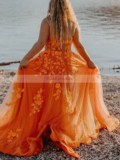 A-line Sweetheart Tulle Sweep Train Prom Dresses With Appliques Lace #Favs020115334