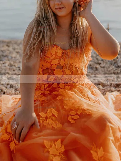 A-line Sweetheart Tulle Sweep Train Prom Dresses With Appliques Lace #Favs020115334