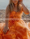 A-line Sweetheart Tulle Sweep Train Prom Dresses With Appliques Lace #Favs020115334