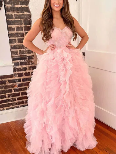 A-line V-neck Tulle Floor-length Prom Dresses With Cascading Ruffles #Favs020115341