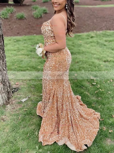 Trumpet/Mermaid V-neck Sequined Sweep Train Prom Dresses #Favs020115363