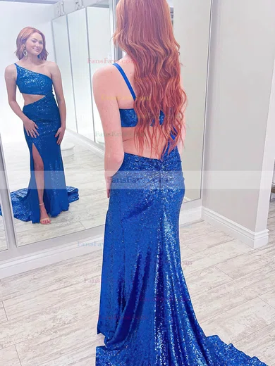 Trumpet/Mermaid One Shoulder Sequined Sweep Train Prom Dresses With Split Front #Favs020115397
