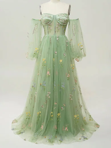 A-line Off-the-shoulder Tulle Sweep Train Prom Dresses With Flower(s) #Favs020115403