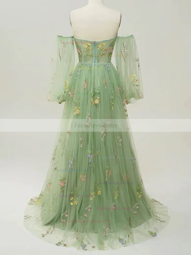 A-line Off-the-shoulder Tulle Sweep Train Prom Dresses With Flower(s) #Favs020115403