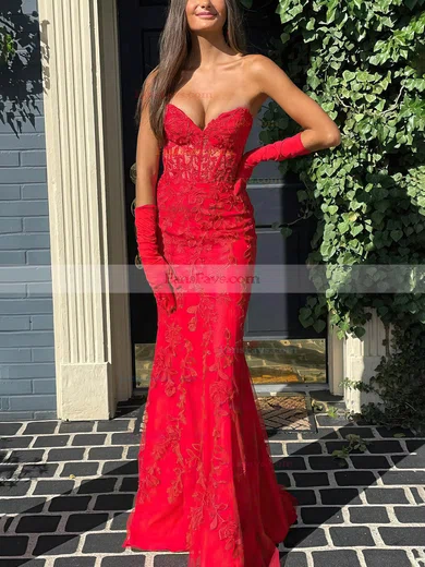 Trumpet/Mermaid Sweetheart Tulle Sweep Train Prom Dresses With Appliques Lace #Favs020115414