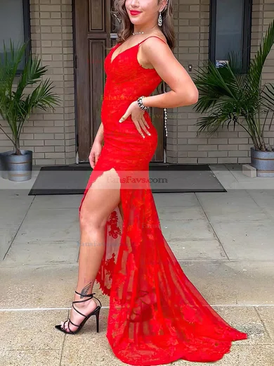 Trumpet/Mermaid V-neck Tulle Sweep Train Prom Dresses With Split Front #Favs020115415