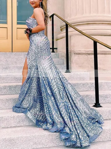 Sheath/Column Strapless Sequined Sweep Train Prom Dresses With Split Front #Favs020115419